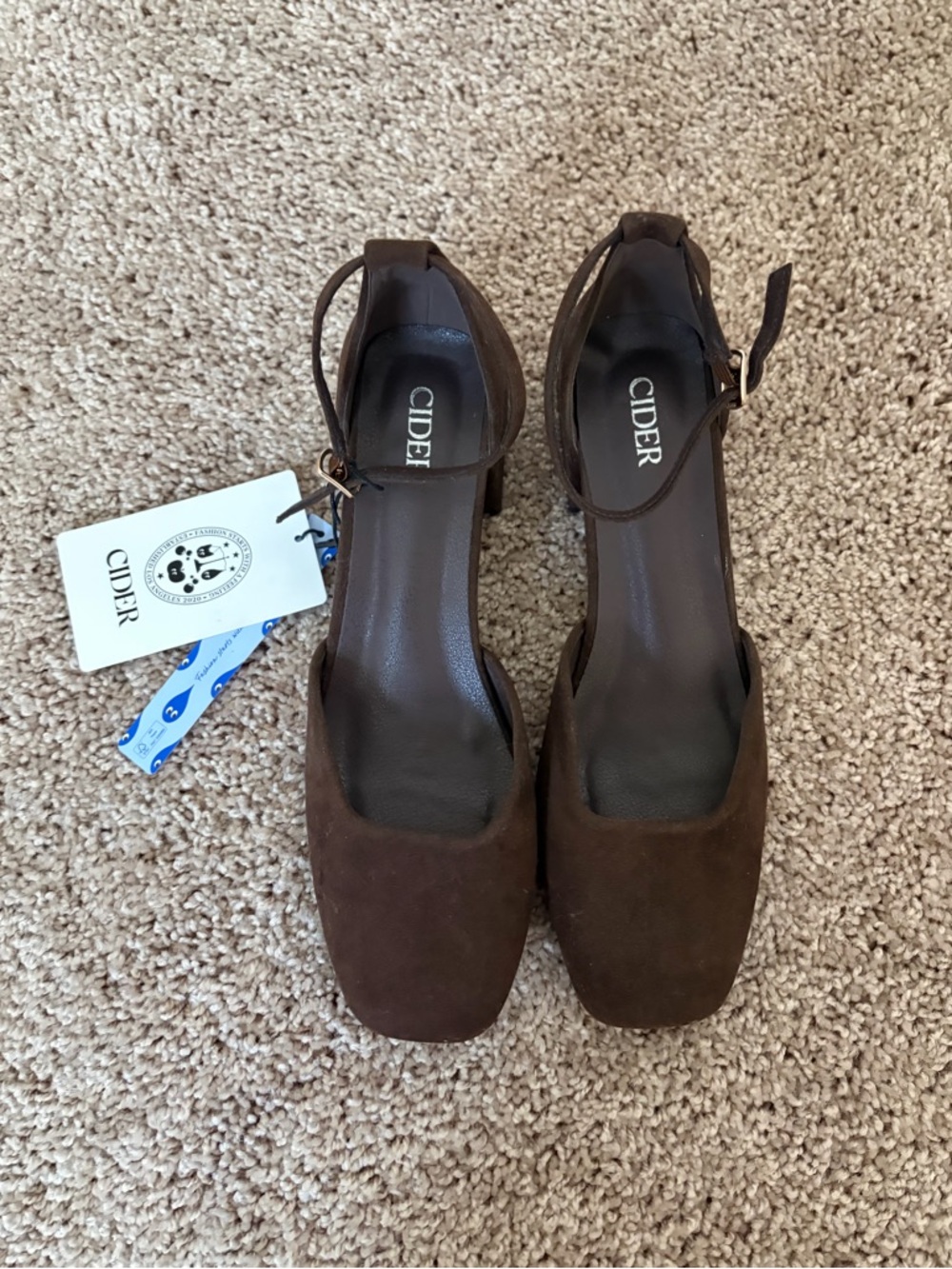 Cider Dark Brown Suede Square-Toe Ankle Strap Block Heels